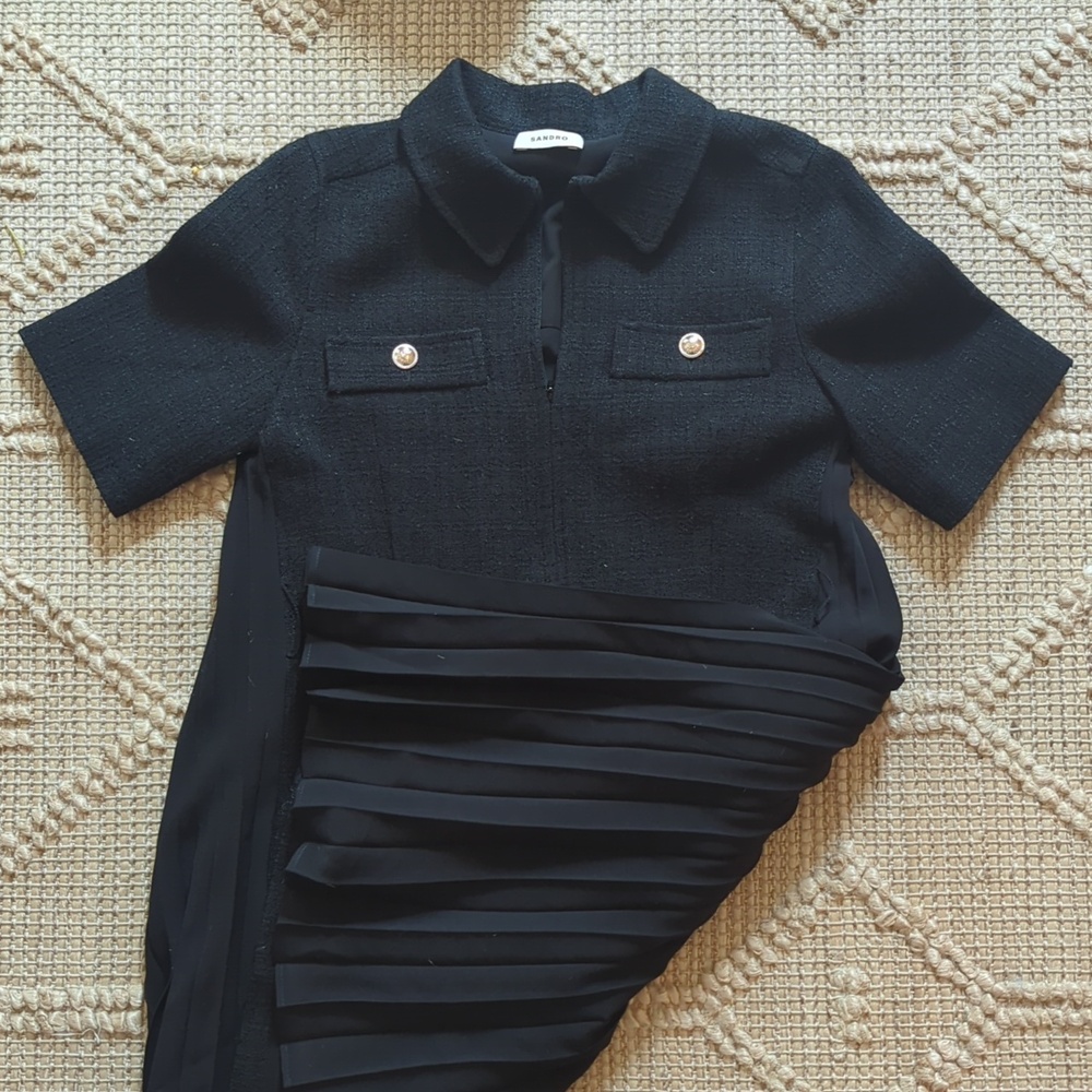 NWT Sandro Pleated Mini Shirt Dress | Black Tweed | Size Small / Medium (36)